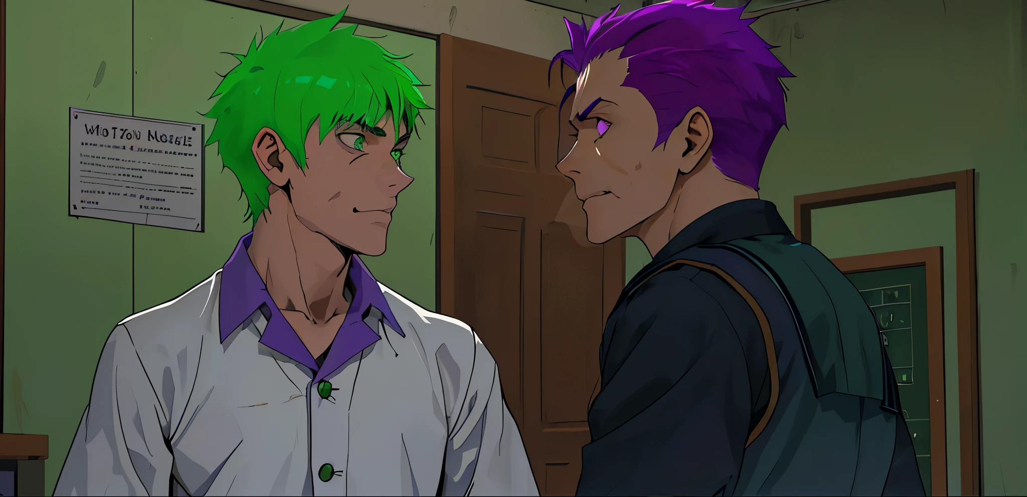 There is a 16-year-old boy with green hair, green eyes, a school boy who is scared and sad, and a man with short purple evil hair who threatens him, intimidates him, evil looks and smiles evilly, a 40-year-old school principal who threatens him, and intimidates him.