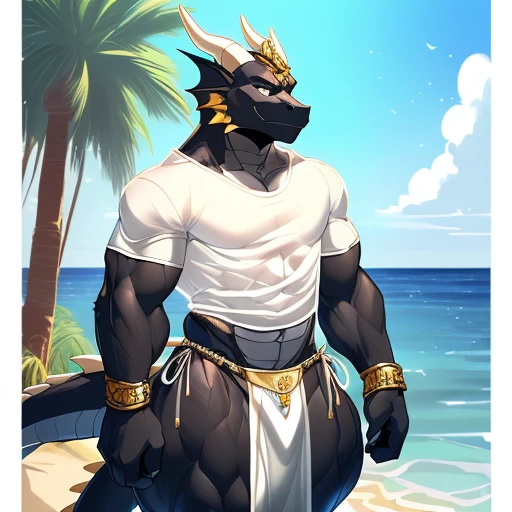 hi res,(((dragon))), (black body ), anthro, , , ((((long loincloth)))), ((((lingerie bikini, s\ex\y bikini, side-tie panties, tiny black thong)))), (((( male, , anthro, slim, skinny,)))), male, , anthro, , slim, Skinny, tail, adults, mature, (((male))), (((((((((solo))))))))) outside, plant, standing, sea, tree, (water), detailed background,by milkytiger1145,by takemoto arashi,by null-ghost, cold atmosphere, open smile, soft blush, , ((((((((wearing white tshirts)))))))), ((((((((( muscular thighs, thick thighs, wide hips))))))))), (((((golden accessory, loincloth accessory, loincloth jewelry, jewels and ornaments for loincloth, s\ex\y loincloth, belly dancer outfit, long pelvic curtain, narrow loincloth)))))