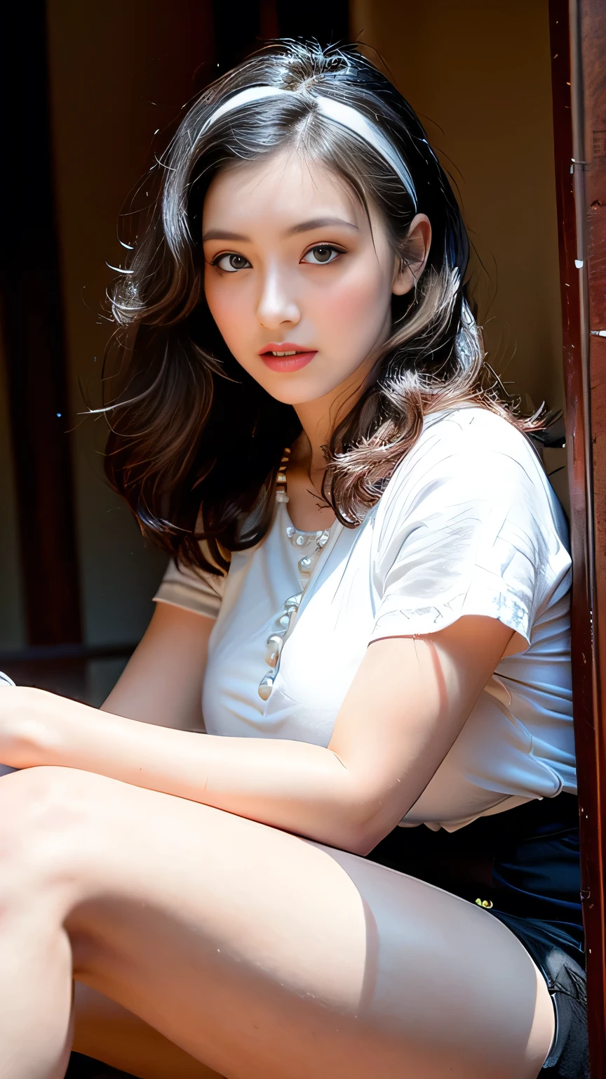 (Highest image quality:1.35), high quality, (8k:1.3), Realistic photos, (A beautiful woman:1.33), (Muscular body:1.2),(Depth of field/1.8), (looking at camera:1.35), Clear focus, (Muscular thighs:1.4), Original Photography, (Stroboscopic photography:1.5), Super Detail, High Detail, high quality, high resolution, (From head to knees:1.4), Masterpiece of art, exquisite work, high quality, and realistic details. In the center of the scene is a lady with wavy hair, a headband, square-framed glasses, filled eyebrows, blush, eyeshadow, heavy makeup, and red lips. She is dressed in a business suit with a thousand bird pattern, a white silk shirt, and wears black pleated shorts, tight stockings, black silky tights, and high heels. Her skin is fair and delicate, she sports a Rolex watch, pearl necklace, hand chain, and wedding ring. With her voluptuous thighs and slender body,spread legs.big breasts。sitting on the middle street