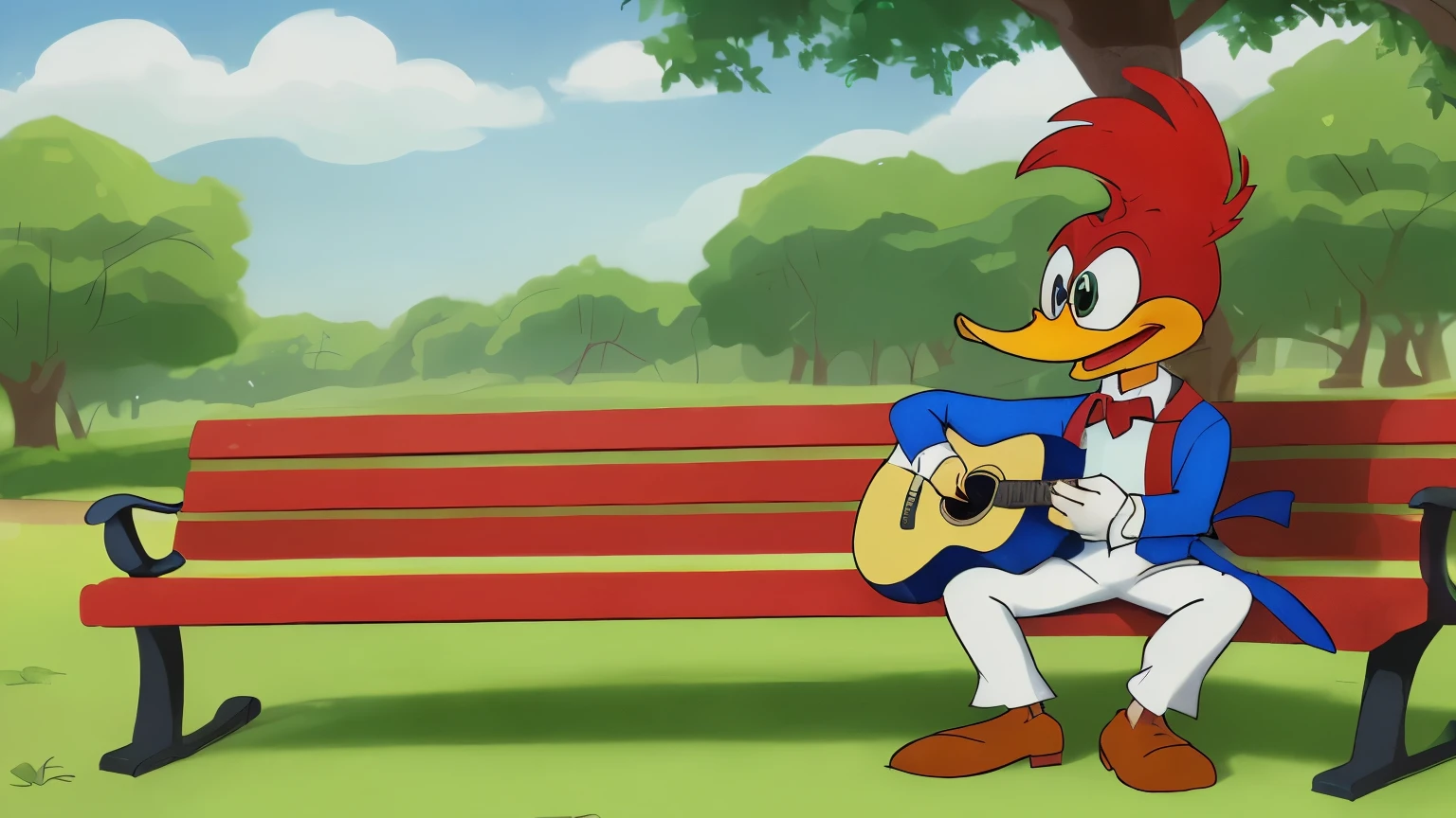 woody woodpecker wearing white tuxedo and white panama hat, playing guittar, sitting on a park bench in São Paulo, 60's cartoon style, digital art, 8k