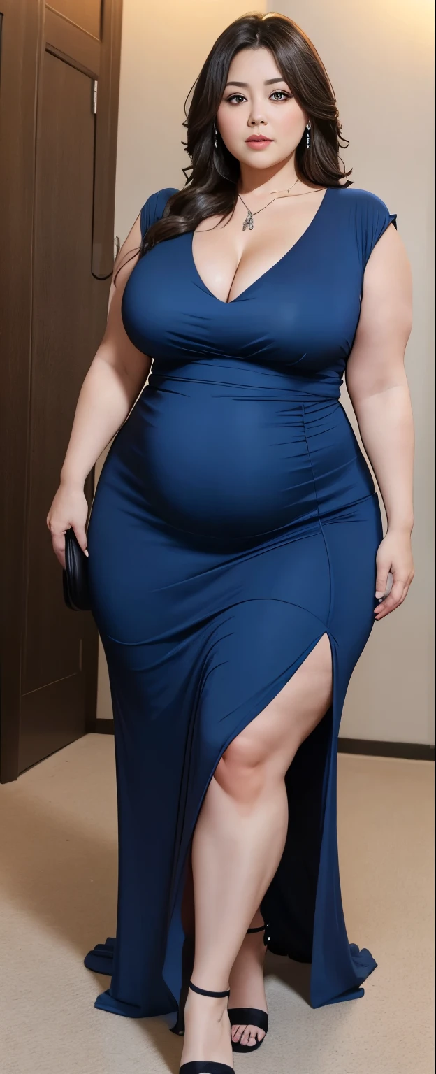 Chubby woman with fat belly and tight thighs, full body, 50-year-old mature woman, thick hips, thick neck, thick chest, big eyes, wearing a longest dress 