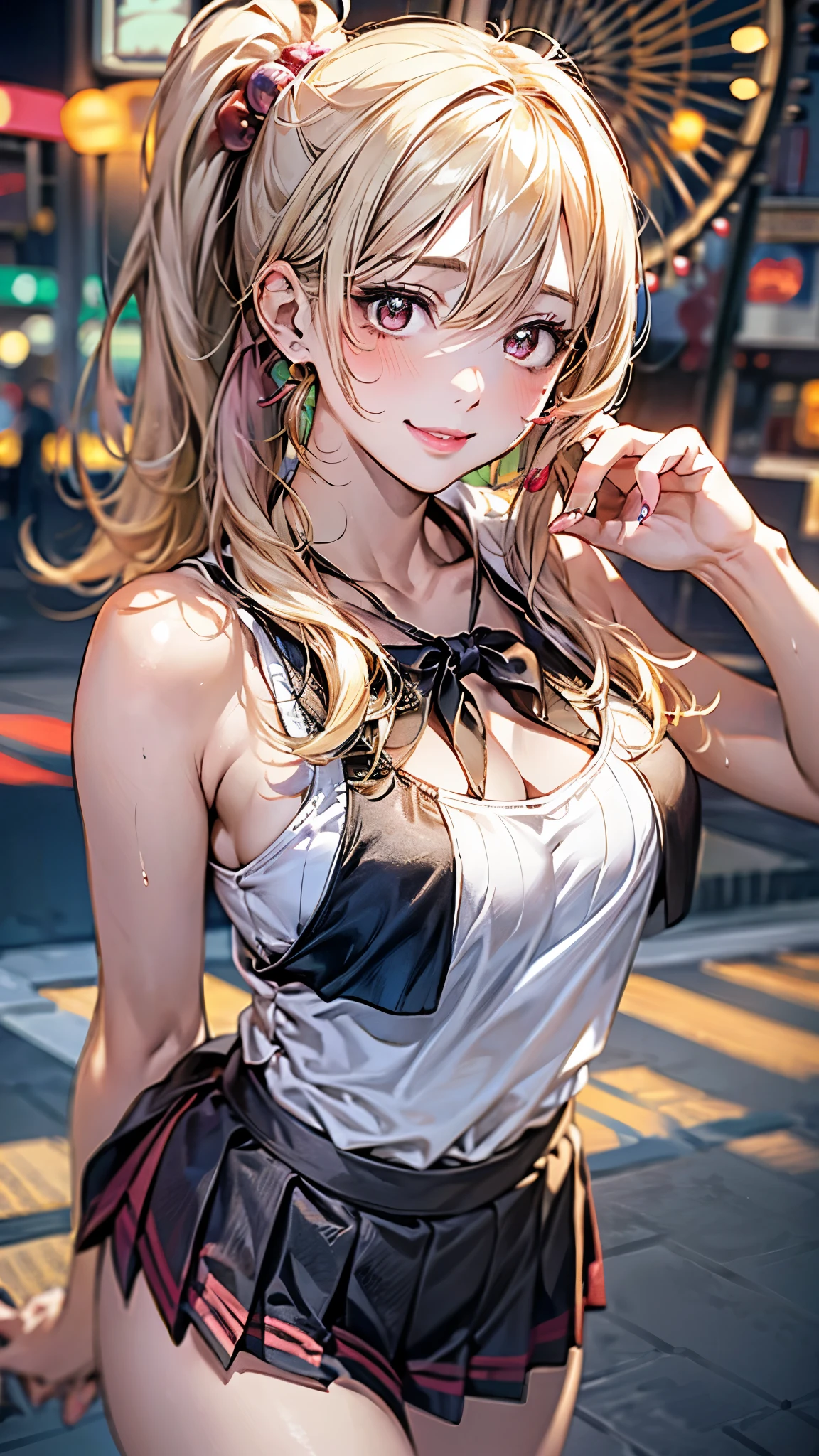 (masterpiece:1.3, top-quality, ultra high res, ultra detailed), (realistic, photorealistic:1.4), beautiful illustration, perfect lighting, natural lighting, colorful, depth of fields, surrealism,
beautiful detailed hair, beautiful detailed face, beautiful detailed eyes, beautiful clavicle, beautiful body, beautiful chest, beautiful thigh, beautiful legs, beautiful fingers, 
looking at viewer, 1 girl, japanese, high school girl, (perfect anatomy, anatomically correct), cute and symmetrical face, babyface, perfect face, perfect eyes, shiny skin, 
(middle hair:1.8, side ponytail:1.1, marron hair), hair between eyes, (gold eyes), slant eyes, long eye lasher, (large breasts:0.8, seductive thighs), 
((light pink halterneck knit camisole, black pleated mini skirt), yellow hair chouchou), 
(beautiful scenery), summer, evening, (amusement park, go-round, ferris wheel), extremely sexy, walking, (lovely smile, upper eyes),