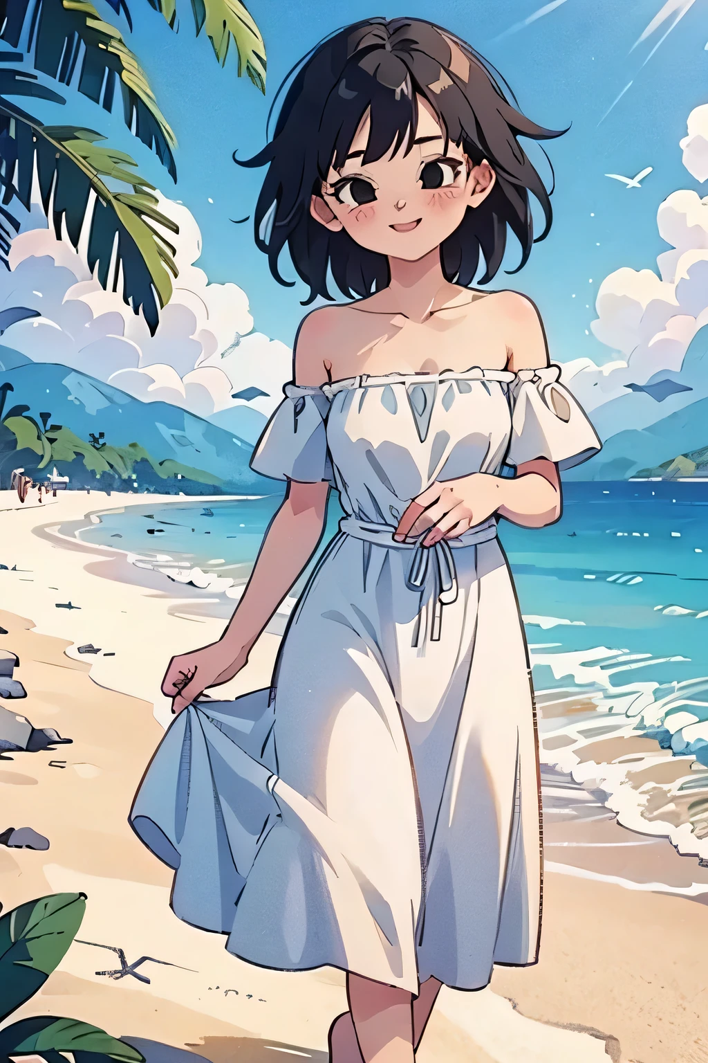 anime screencap, masterpiece, best quality, highres, outdoors, small breasts, gine, spiky black hair, 1 girl, Solo, Black Eyes, Good hands are down, Smile, Blushing, Bare Neck, Bare Shoulders, strapless, White Ruffle Off-the-Shoulder maxi dress. Cowboy shot. A landscape of the beach, sea, blue skies, sand beach. In the center. Walking on the beach with bare feets. Far from the bottom, looking at viewers
