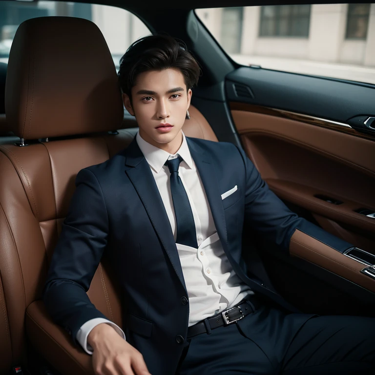 masterpiece,highest quality,Attention to detail,1 male,good looking,Sturdy yet sophisticated look,Fair skin with the charm of the boy next door,Exact details,blazer,Slim fit trousers,tie,Finely drawn backgrounds,Depth of written boundary,Visual Effects,Cinematic shots,Inside the car