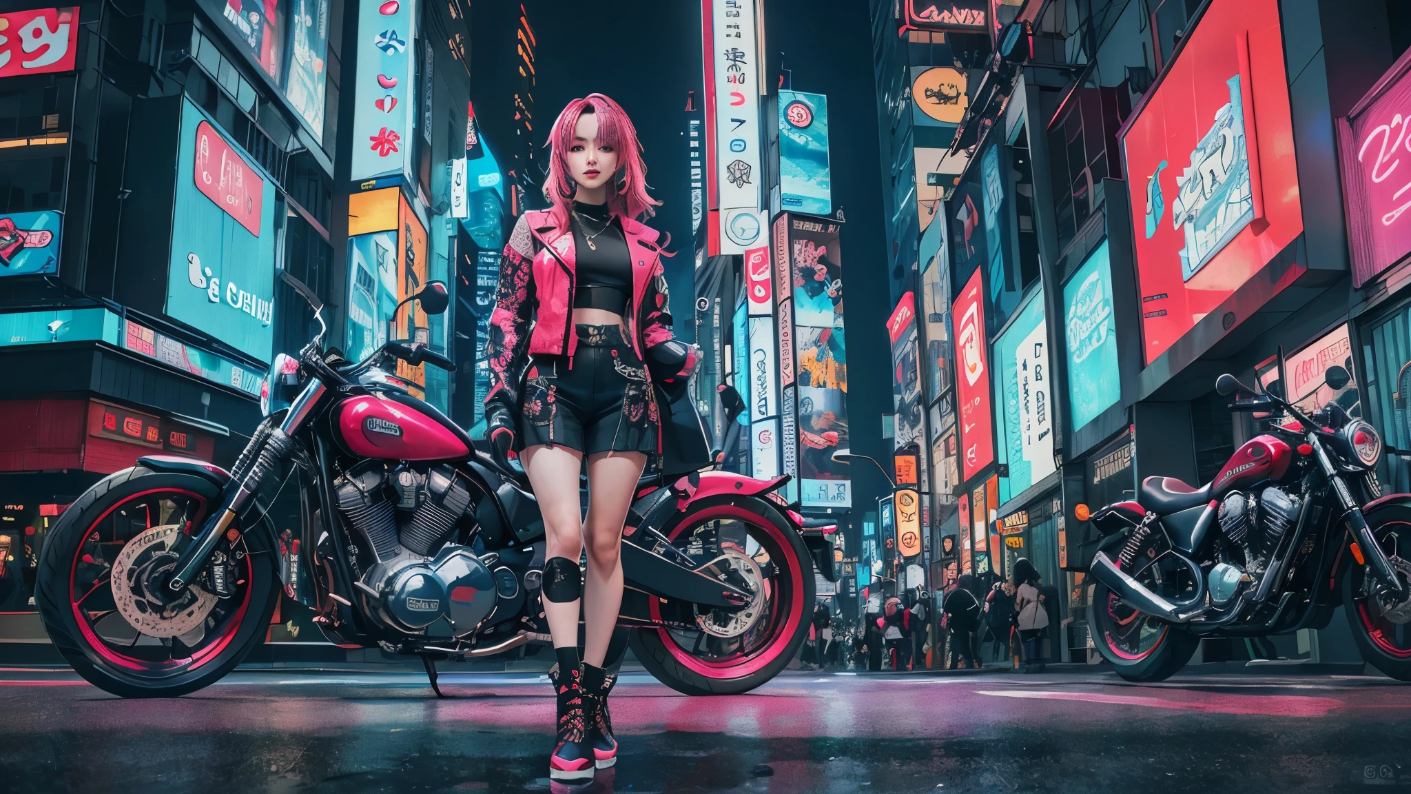 masterpiece, best quality, Confident cyberpunk girl, full body shot, ((standing in front of motorcycle)), Harajuku-inspired pop outfit, bold colors and patterns, eye-catching accessories, trendy and innovative hairstyle, vibrant makeup, Cyberpunk dazzling cityscape, skyscrapers, neon signs, LED lights, bright and vivid color scheme, anime, illustration, detailed skin texture, detailed cloth texture, beautiful detailed face, intricate details, ultra detailed.