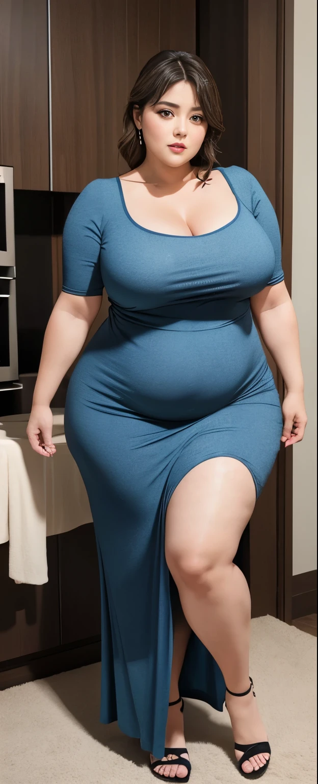 Chubby woman with fat belly and tight thighs, full body, 50-year-old mature woman, thick hips, thick neck, thick chest, big eyes, wearing a longest dress