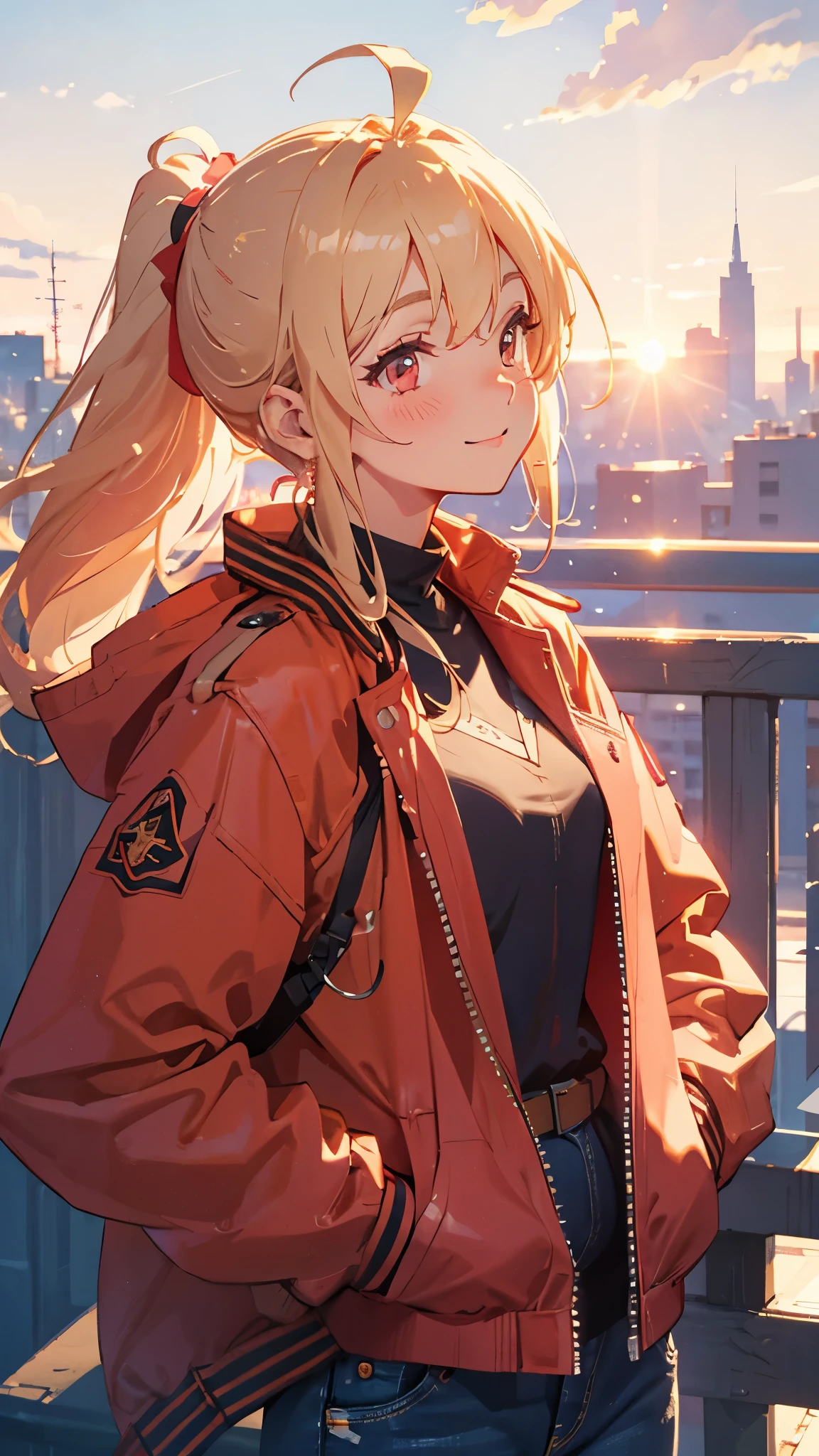 Beautiful woman、Small breasts、Blonde ponytail、Round red eyes:1.2、From the side、Professional Uniform:1.3、18-year-old:1.1、Red riders jacket with attention to detail:1.2、Wear a big jacket、Blue collar shirt、Skinny denim pants:1.2、Leather boots、Fine and beautiful skin、cute:1.2、Droopy eyes:1.2、blush、smile、Ahoge、Upper body close-up、Focus Only:1.2、Cinematic Light、Golden Hour Sky