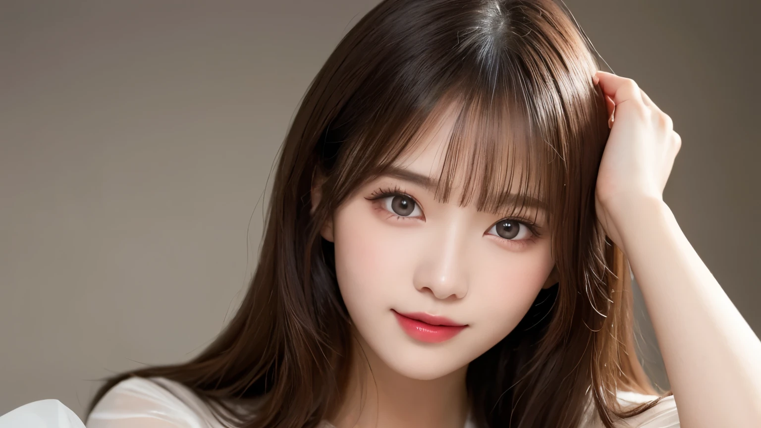 on the table, best quality, shape, Ultra Detailed, Finely, high resolution, 8k wallpaper, 完璧なダイナミックな構shape, Beautiful and delicate eyes, Medium Length Hair, Small Breasts, Natural lipstick, Casual sexy pose,Smile,20 year old girl、midnight、Beautiful and detailed face、Perfect beautiful face,big eyes、original photo、Use the whole body to express the feminine posture、Beautiful and delicate eyes、Small face、Beautiful duplex、Facelift and style,skirt、Beautiful golden ratio face,Long hair