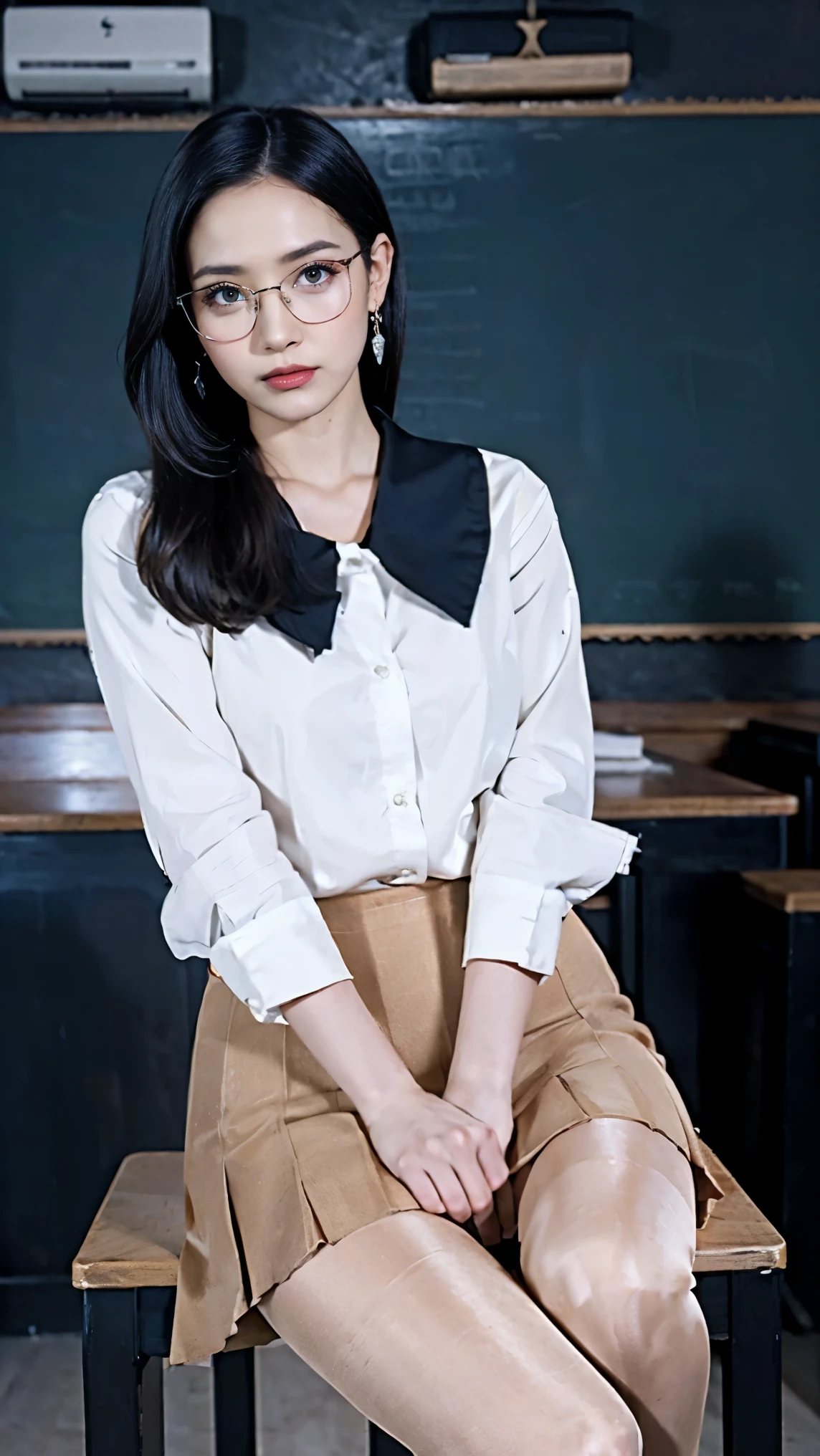 Heavy makeup,8k,Mature,Earrings,dagger,In class,During the day,White shirt,Hip-covering skirt,Flesh-colored pantyhose,Single ball hairstyle,Black-rimmed glasses,Facing the camera,blackboard,Classroom desks,Teacher clothing,Sitting on a stool,Expressive,Drunk expression,A girl