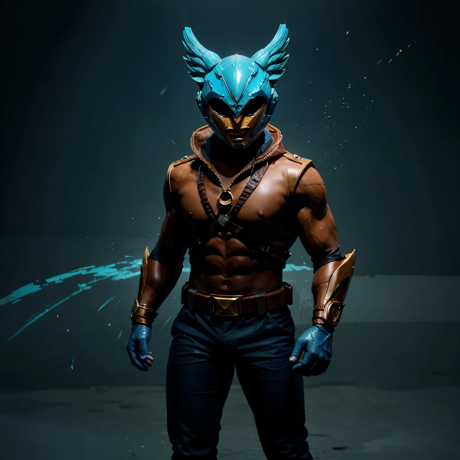 minecraft warrior, holding pixelated minecraft trident in left hand, minecraft crossbow in right hand, named Riptide, blue and yellow striped body arms and legs, tinted green head with blue eyes, defensive stance, trident pointed upright, (best quality,4k,8k,highres,masterpiece:1.2),ultra-detailed,(realistic,photorealistic,photo-realistic:1.37),fantasy,pixel art,highly detailed,extremely sharp focus,cinematic lighting,vivid colors,volumetric lighting,dramatic shadows