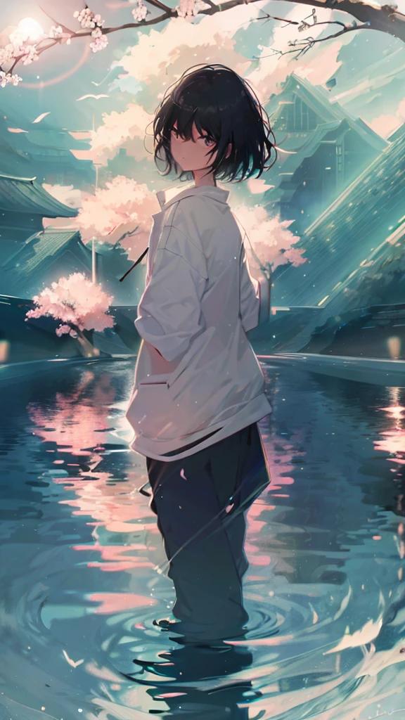 Product illustration for  boy in the Wind,cherry blossoms,In water,water,black hair,white skin,Pale complexion,Light skin tone,face forward,Are standing,Walking along the cherry blossom trees