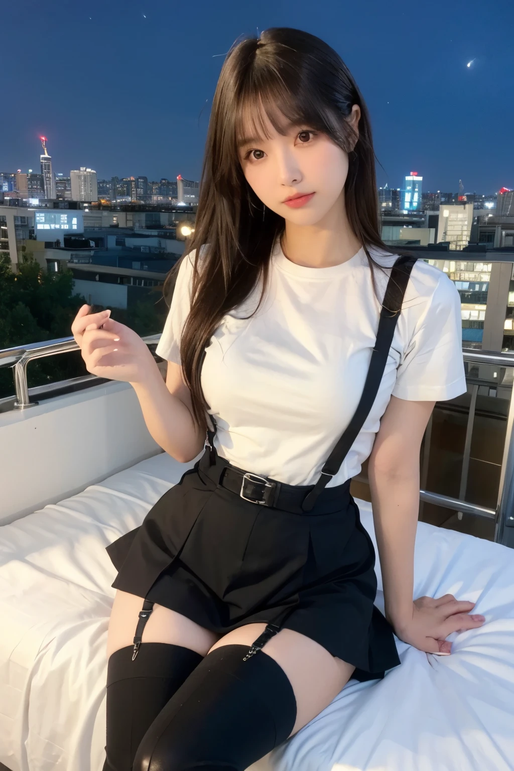 ((Midnight, highest quality, 8k, masterpiece :1.3)), whole body, Long legs, Sharp focus :1.2, Beautiful woman with perfect figure :1.4, Slim Abs :1.1, ((Dark brown hair, Big Breasts :1.2)), (White tight T-shirt, Jean Bib, Are standing:1.2), ((Night city view, rooftop:1.3)), Very detailedな顔と肌の質感, Fine grain, Double eyelids one girl,highest quality,masterpiece,figure,Very delicate and beautiful,CG,Unity,8k wallpaper,wonderful,In detail,masterpiece,Official Art,Very detailed CG Unity 8k wallpaper,Incredibly absurd,Large file size,Very detailedな,High resolution,Very detailed,Beautiful detailed girl,Realistic,from the front,Outdoor, suspenders Large swollen breasts Black mini skirt garter belt Knee-high socks bangs Beauty Hands up Black boots one person Dress shirt Hands Behind Back put your hands behind your back With your hands behind your back Armament holster A room at the Belt Hotel Bed Wall side