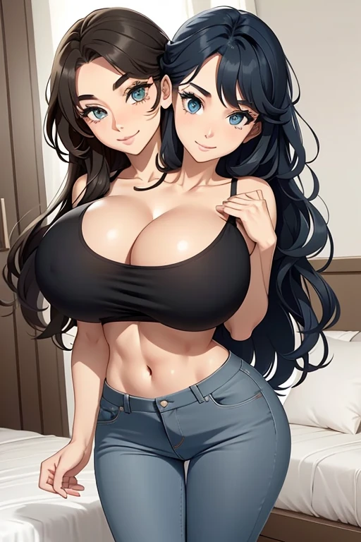 2 heads, a short thin woman with 2 heads. Extremely huge breasts. In a bedroom. Wearing a tiny bra. Wearing jeans. Young. Happy. Thin face. Seductive eyes. Long messy hair. Sexy. Smiling. Gigantic breasts. Nerdy. Deep cleavage. Hard nipples under shirt. Gigantic round breasts. Enormous fake round breasts. Giant circular breasts. Selfie POV, taking a selfie.
