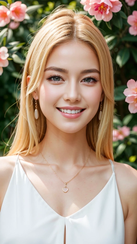 8K, masutepiece, Raw photo, Best Quality, Photorealistic, Highly detailed CG Unity 8k wallpaper, depth of fields, Cinematic Light, Lens Flare, Ray tracing, (Extremely beautiful face, Beautiful lips, Beautiful eyes), intricate detail face, ((Ultra detailed skin)) 1girl in, In the Dark, deepshadow, Cute s, ((Looking at Viewer)), (seducting smile), (Blurry background), earrings, Bracelets, Necklace, Clear eyes, Front shot, (pale skin), Face forward, (Big eyes), (upperbody shot), (Camel toe), White hair、brue eyes、white colors、Winters、Green Tree々、Sunshine