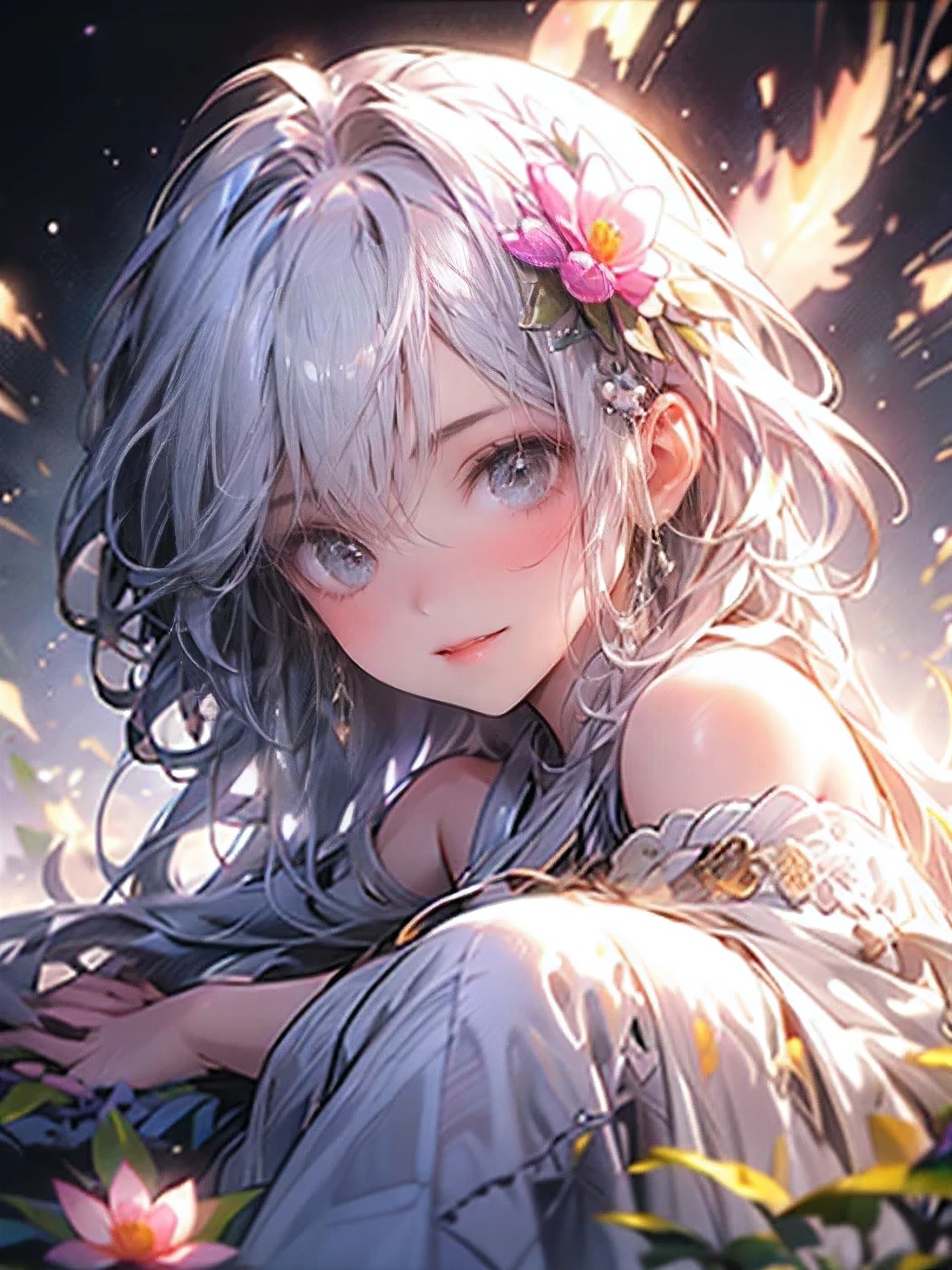 masterpiece:1.2, highres, 8k, ultra-detailed:1.2, beautiful detailed:1.2, Senju Kannon Bodhisattva, sitting on a lotus flower, center of the universe:1.3, smile gently, sparkling eyes, bright rosy lips, beautiful delicate(hair,face,eyes,lips,clothes), A robe shaped like a lotus flower, octans, galaxies, planetary, milkyway, soft skin line