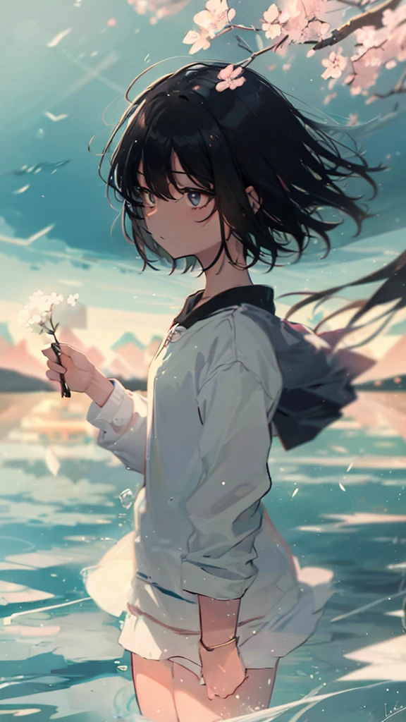 Product illustration for boy in the Wind,cherry blossoms,In water,water,black hair,white skin,Pale complexion,Light skin tone,face forward,Are standing,Walking along the cherry blossom trees