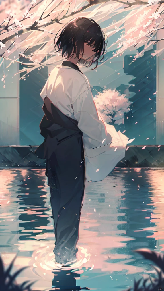 Product illustration for boy in the Wind,cherry blossoms,In water,water,black hair,white skin,Pale complexion,Light skin tone,face forward,Are standing,Walking along the cherry blossom trees
