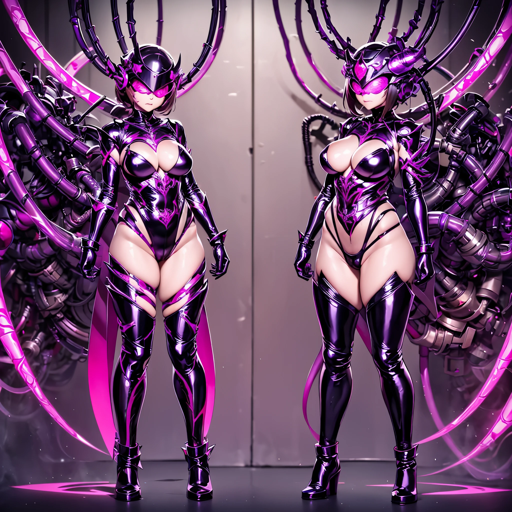 Evil female warrior。2woman. (High quality) （black and red and purple image color）. body suit. compound eye. cyber style. spider web. spike accessory. Biological Armor. Biological helmet. eye mask. heart pasties nipples. squat pose. Fingering. glowing pink tube connected to his crotch. Mechanical background。