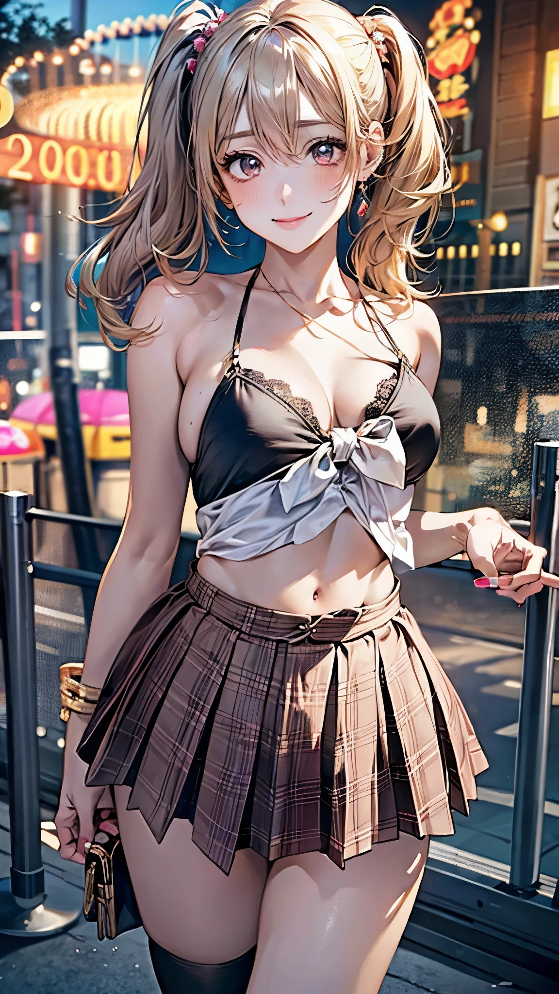 (masterpiece:1.3, Highest quality, Ultra-high resolution, Super detailed), (Realistic, photoRealistic:1.4), Beautiful illustrations, Perfect lighting, colorful, Depth of written boundary, Beautiful detailed hair, Beautifully detailed face, Beautiful fine details, Beautiful clavicle, Beautiful body, Beautiful breasts, Beautiful thighs, Beautiful feet, Beautiful fingers, View your viewers, 1 girl, Perfect Face, (Perfect Anatomy, Anatomically correct), Cute and symmetrical face, Baby Face, , Shiny skin, (Brown Hair), Hair between the eyes, Dark green eyes, Droopy eyes, Big eyes, Long Eyelashes, (((Luxury underwear)))、((white floral underwear))),(bra、Embroidery pattern)、(((panties、Embroidery pattern)))、(Beautiful views), Bright lighting,(((lace-trimmed panties in navy skirt in plaid skirt))),(((focus on panties))),(((dynamic pose))),(((skirt lift)))
