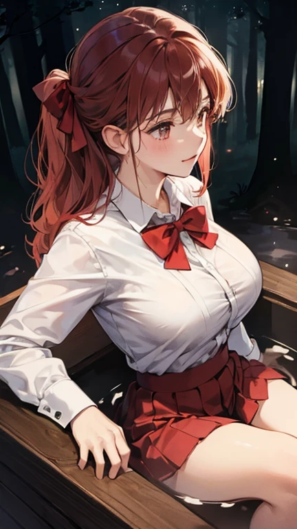 (in the dark:1.6) , Soak in hot tub , school girl in an forest , red knot , red bow , white Shirt , big breasts , big tits