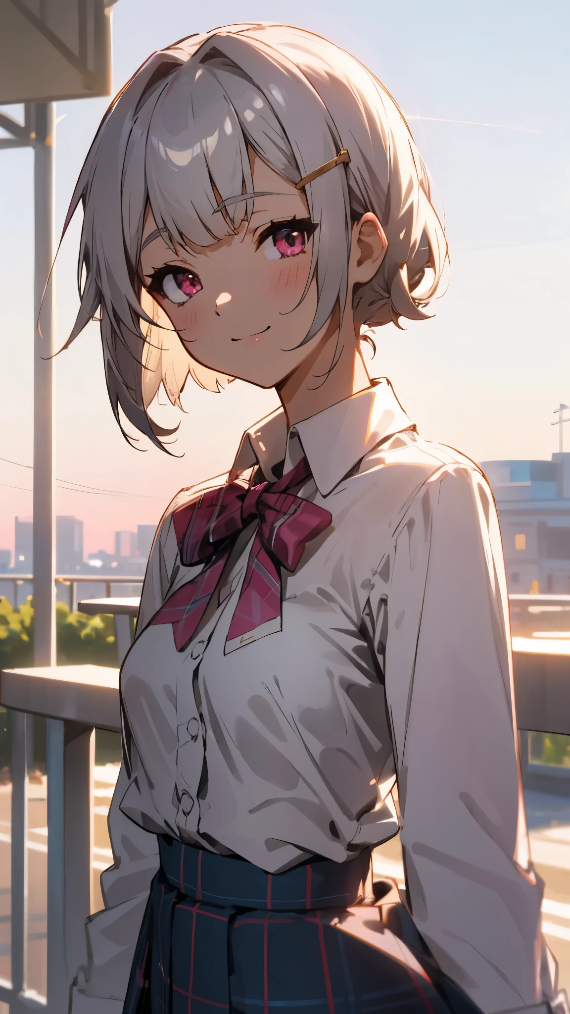 Silver short hair and bob hair、I tied my hair in a bun with a hair clip...、Pink Eyes、white blouse shirt、Tartan Check Skirt、smile、Upper body close-up、Sharp contours、Cafe Terrace、Golden Hour Sky、Background blur、The depth of the drawn boundaries