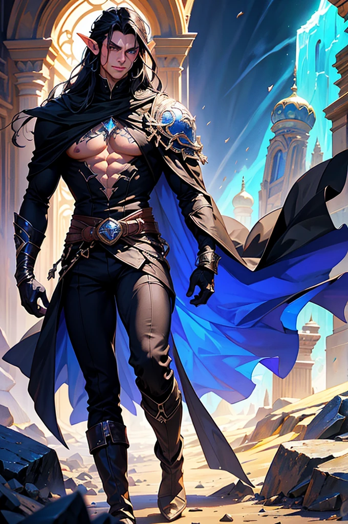 DND male warlock elf, glowing blue eyes, handsome, tall, muscular, broad shoulders, tanned skin, long black hair, obsidian gemstone, walking in a desert, shirtless, black cape, black pants, black gloves, long sleeves, long skirt, black boots, black tattoos