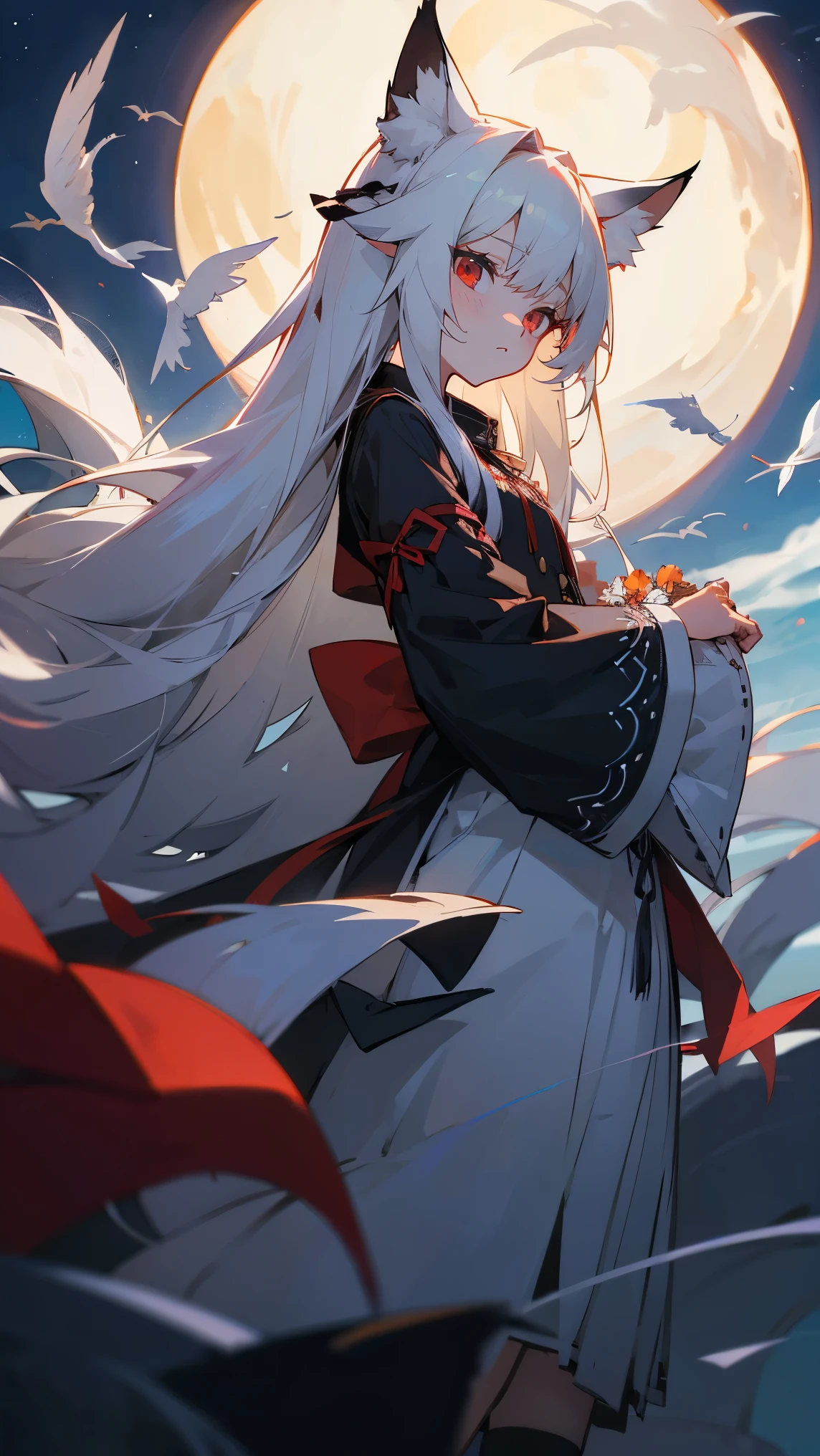 1 girl with big breastoon, The bird, star_\(empty\), length_hair, star空の_empty, ((white_hair))), Small animals, wide_sleeve, night, Flowers Bloom, night_empty, Hytremeli_length_hair, full_Moon, Staring_indicate_Looking at the audience, Ribbon trimming, Ribbon trim_sleeve, length_sleeve, skirt, red_Eyes, solo, _Clothes, empty,((Moderate)), ((Cow ear tattoo, Fox's Tail, Girl fox,
