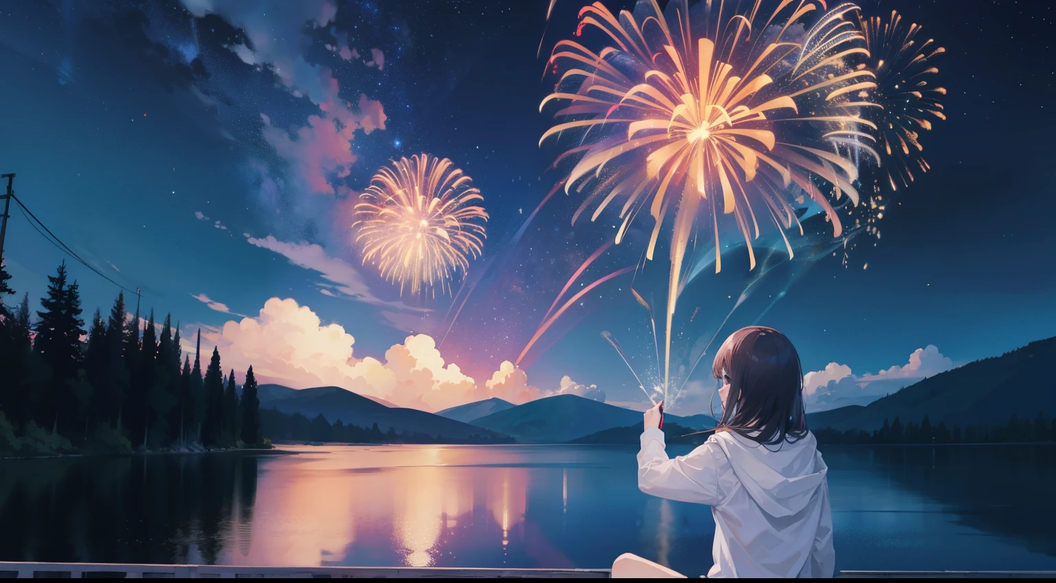 Amazing fireworks，Night Sky，full moon，no man，live streaming background、lake、masterpiece