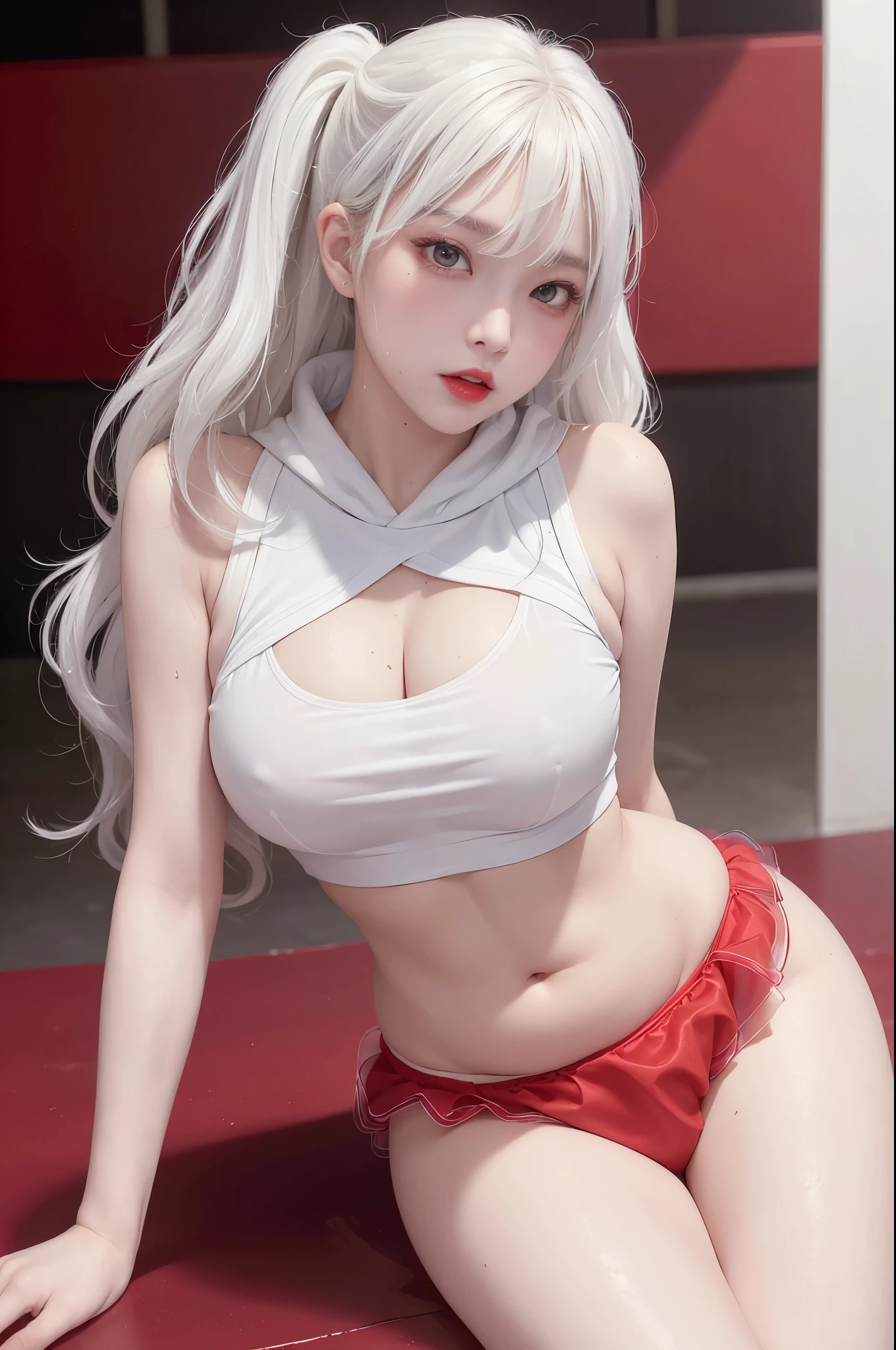(masterpiece, realistic, high resolution), ((1 girl): 1.2), Korean, ((white wavy hair): 1.3), (heterochromia: 1.1, thick eyebrows,), (white hoodie without front close), ((medium breasts): 1.2, small waist, thigh), catwalk walk, masterpiece: 1.2, best quality), realism, (real pictures, rich detail details, depth of field), (1 girl, solo), makeup, high detail, perfect face shape, (: 1.4), (skin dents), thick thighs, wide hips, thin waist, high, coral, red lips, red eyes, ponytail (girls, shallow tulle, tulle transparent), (sweat: 1.2) , (wet), sexy, blush, (shy expression), sexy crop top, suspenders, belly pockets, flowers on clothes, wearing super tight sexy boxers,