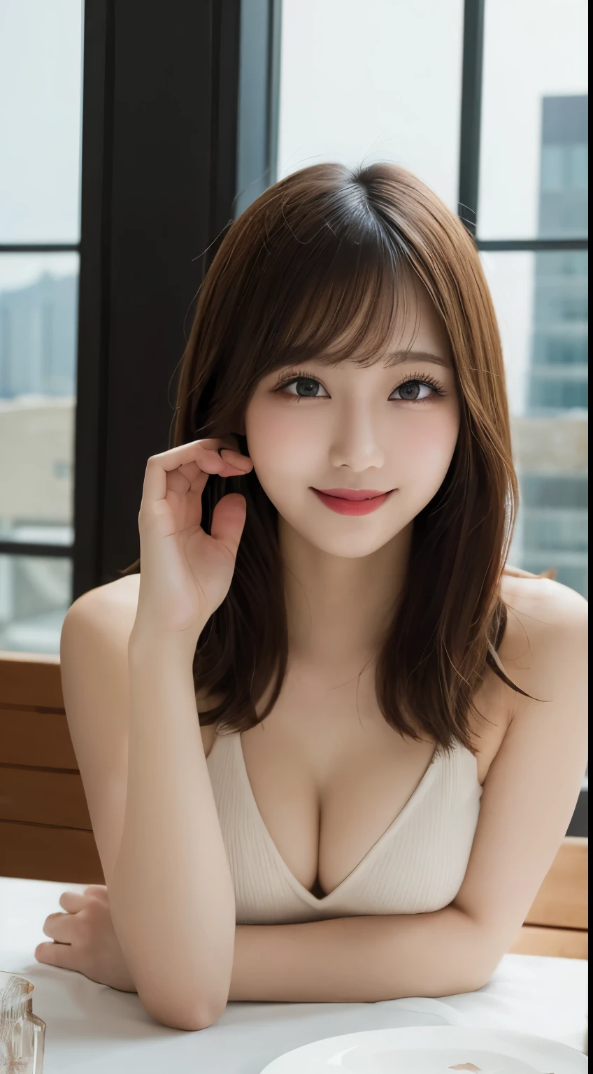 Tabletop, highest quality, figure, Very detailed, In detail, High resolution, 8k wallpaper, Perfect dynamic composition, Beautiful fine details, naked,Medium Hair, Center of chest, Natural color lip, Random sexy poses,smile,Tower apartment