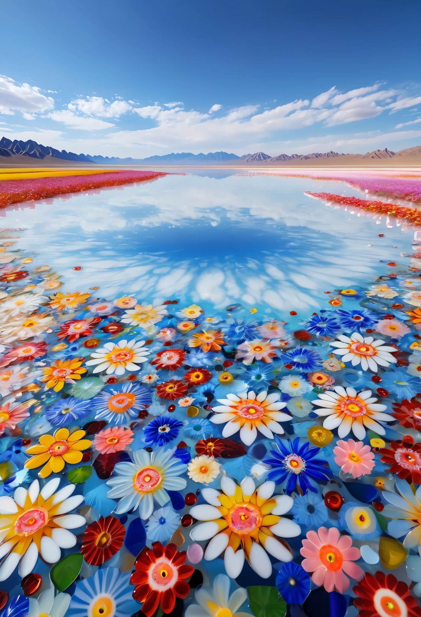 millefiori glass style,(best quality,4k,8k,highres,masterpiece:1.2),ultra-detailed,realistic,photorealistic:1.37,flawless,largest salt lake in China,magnificent view,captivating,huge expanse of water,glistening surface,reflecting the clear blue sky,beautiful colorful flowers,delicately floating,immaculate petals,dancing in the gentle breeze,award-winning artwork,recognized for its artistic excellence,praised for its creativity and craftsmanship,negative space,perfect balance with the main subject,highlighting the beauty and simplicity of the scene.