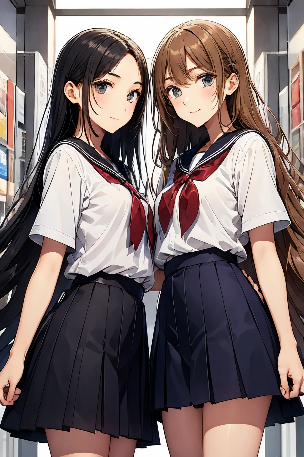 Shopping Street、Two high school girls kissing、seductive smile、