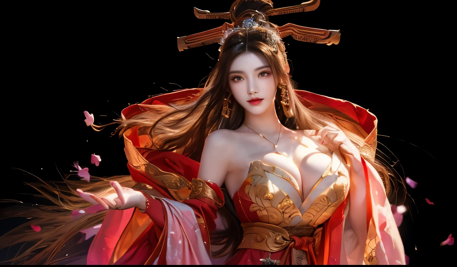 there is a woman in a red and gold dress holding a white rose, a beautiful fantasy empress, palace ,gigantic cleavage breasts, a girl in hanfu, japanese goddess, ancient chinese princess, beautiful render of tang dynasty, onmyoji, 2. 5 d cgi anime fantasy artwork, onmyoji detailed art, trending on cgstation, onmyoji portrait