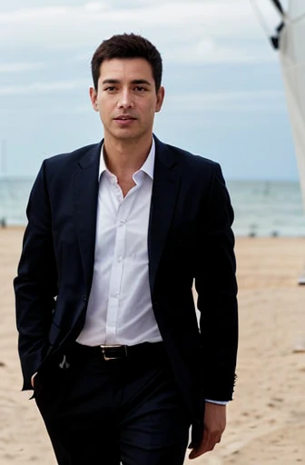 average build man , on a sandy beach near the sea , Dressed in a business suit, There are a lot of people on the beach , a yacht can be seen in the background 