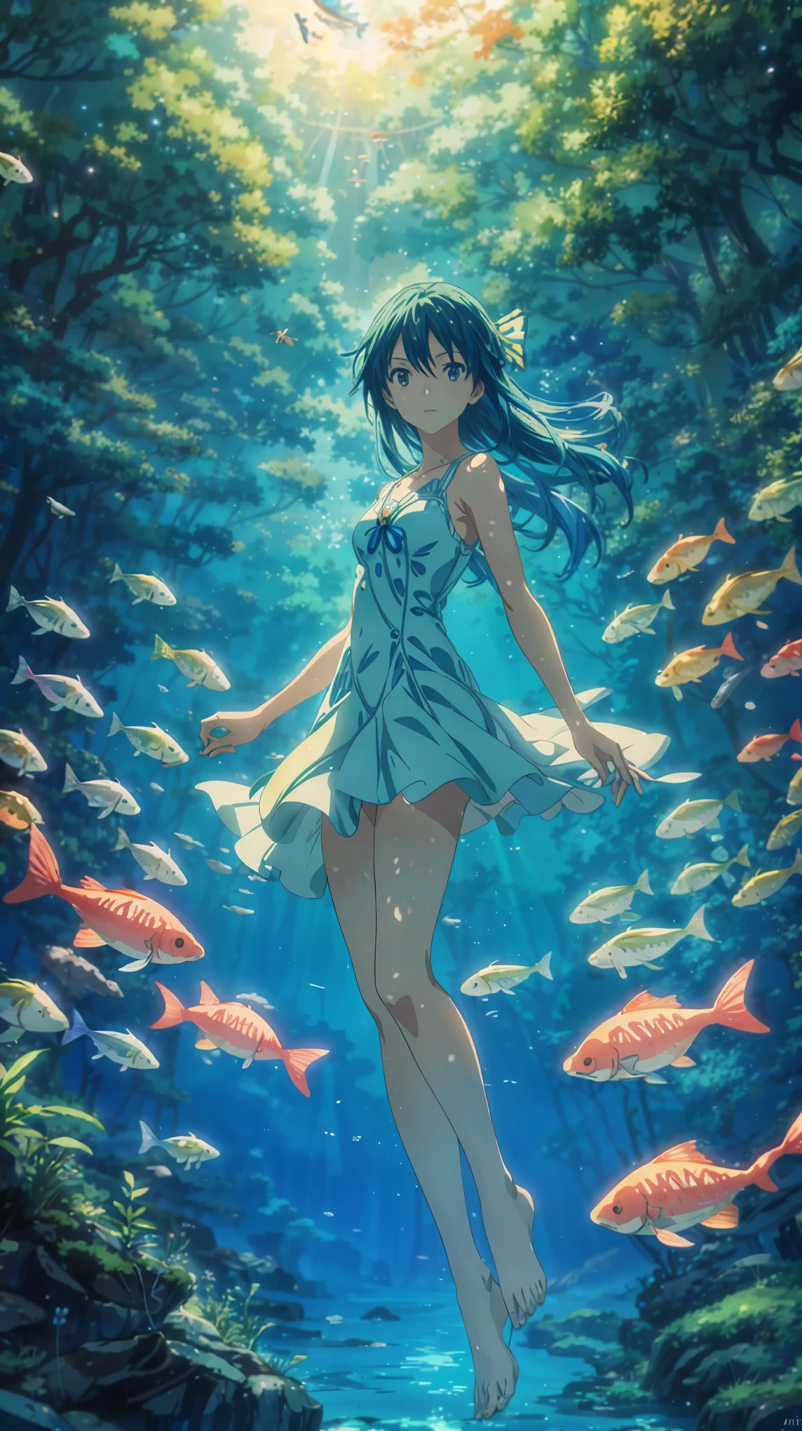 a fairy floating in front of a group of fish in underwater, fairy tail, rio de janeiro in an anime film, greenery, multicolored, anime girl walking on water, starry sky, kyoto animation key visual, kyoto animation anime key visual, makoto shinkai and artgerm, under water scenery, anime film still, style of makoto shinkai, anime poster film still portrait, anime. by makoto shinkai,  4k hd, beautiful art uhd 4 k, a beautiful artwork illustration, beautiful digital painting, highly detailed digital painting, beautiful digital artwork, detailed painting 4 k, very detailed digital painting, rich picturesque colors, gorgeous digital painting
