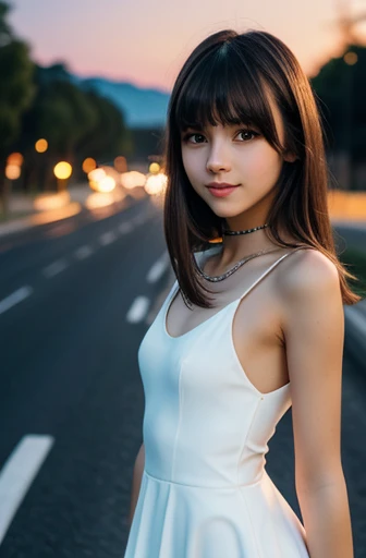 A cute girl, perfect face, beautifull 14 years old girl,14 years old girl, skinny body, slim body, white skin, masterpiece, textured skin, super detail, high details, high quality, 8k, nice pose, road night background, dark shadow, less light, nature light, side lighting to face, dress, cute lips, small and cutest lips, at night, bangs hair style, style dress,smlie, night time.
