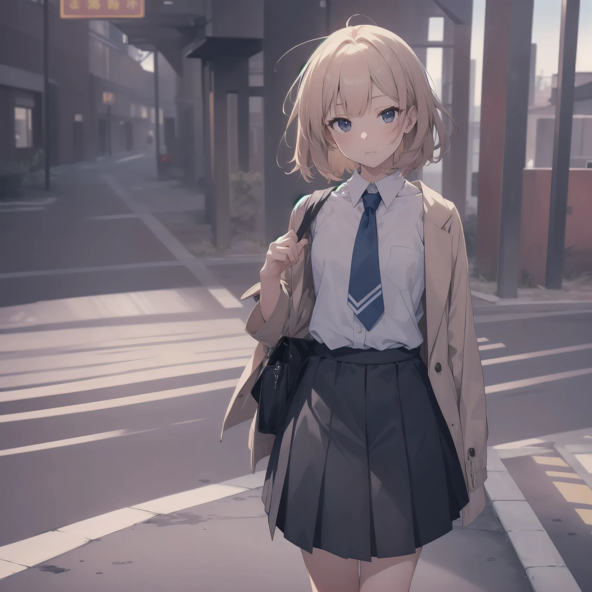 ultra-absurdres-Top quality by artist God, ultra-detailed, high resolution, anime moe artstyle, best anime 8k konachan wallpaper, pixiv contest winner,pool:2810, perfect anatomy,break, 1girl, (Please draw a girl walking sleepily to school alone. )break,(Solo,little female, 13-year-old:1.3),Full limbs, complete fingers,a junior high school student, (very short hair), short cut, flat chest, , small butt, small black eyes, beautiful detailed eyes, well-proportioned iris and pupils, expressive eyes, highres detailed hair, soft expression, school_uniform, official_alternate_costume, neckerchief, collared shirt. pleated skirt,(Detailed Lighting), (Detailed background), in the School commute route. break,super detailed skin, Best cinematic lighting powered by famous artist, 8k,beauty illustration,photoshop_(medium),very aesthetic,break,((artist:shiokonbu )), artist:bolze ,artist:oyari_ashito ,artist:kantoku ,