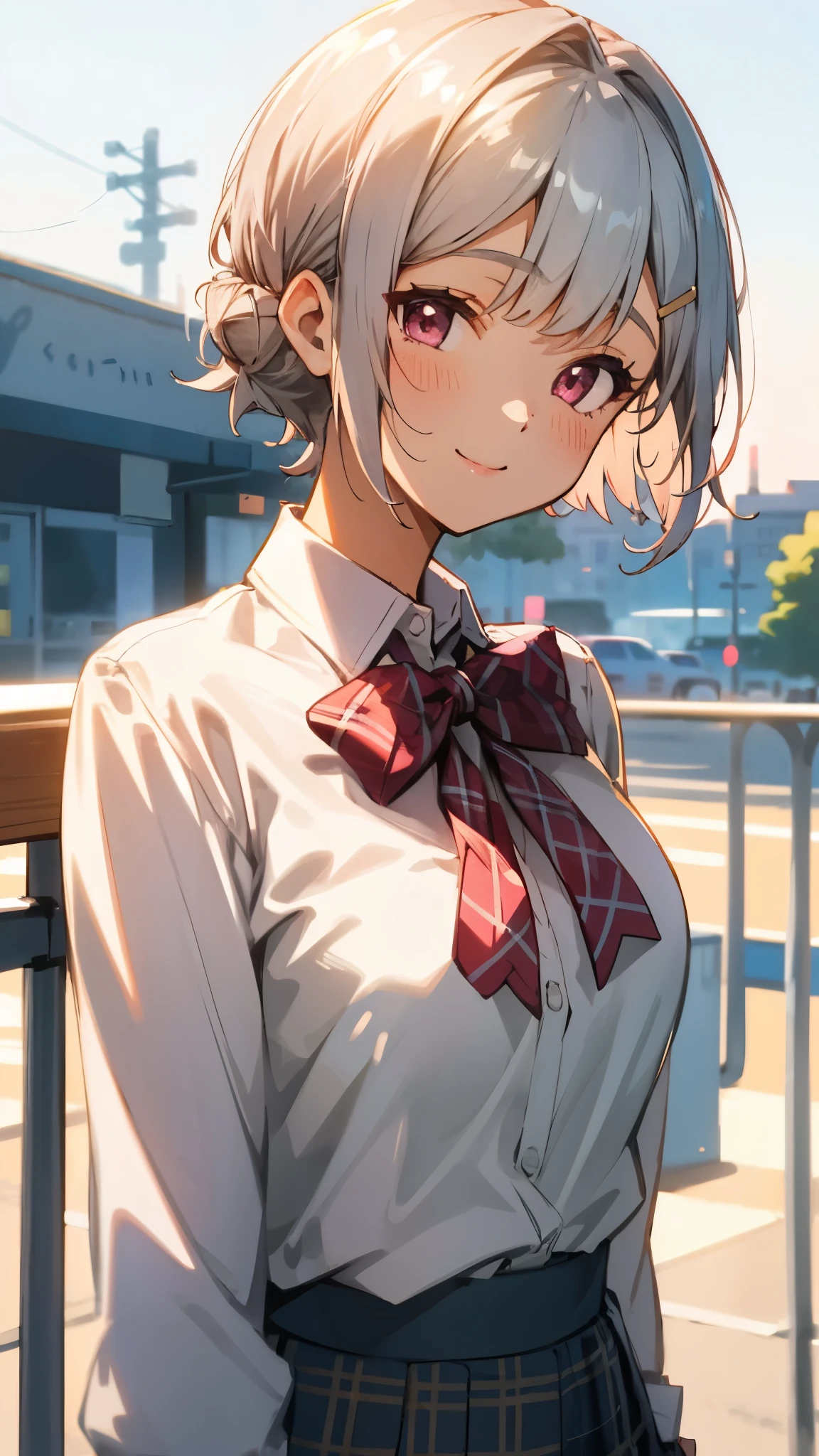 Silver short hair and bob hair、I tied my hair in a bun with a hair clip...、Pink Eyes、white blouse shirt、Tartan Check Skirt、smile、Upper body close-up、Sharp contours、Cafe Terrace、Golden Hour Sky、Background blur、The depth of the drawn boundaries
