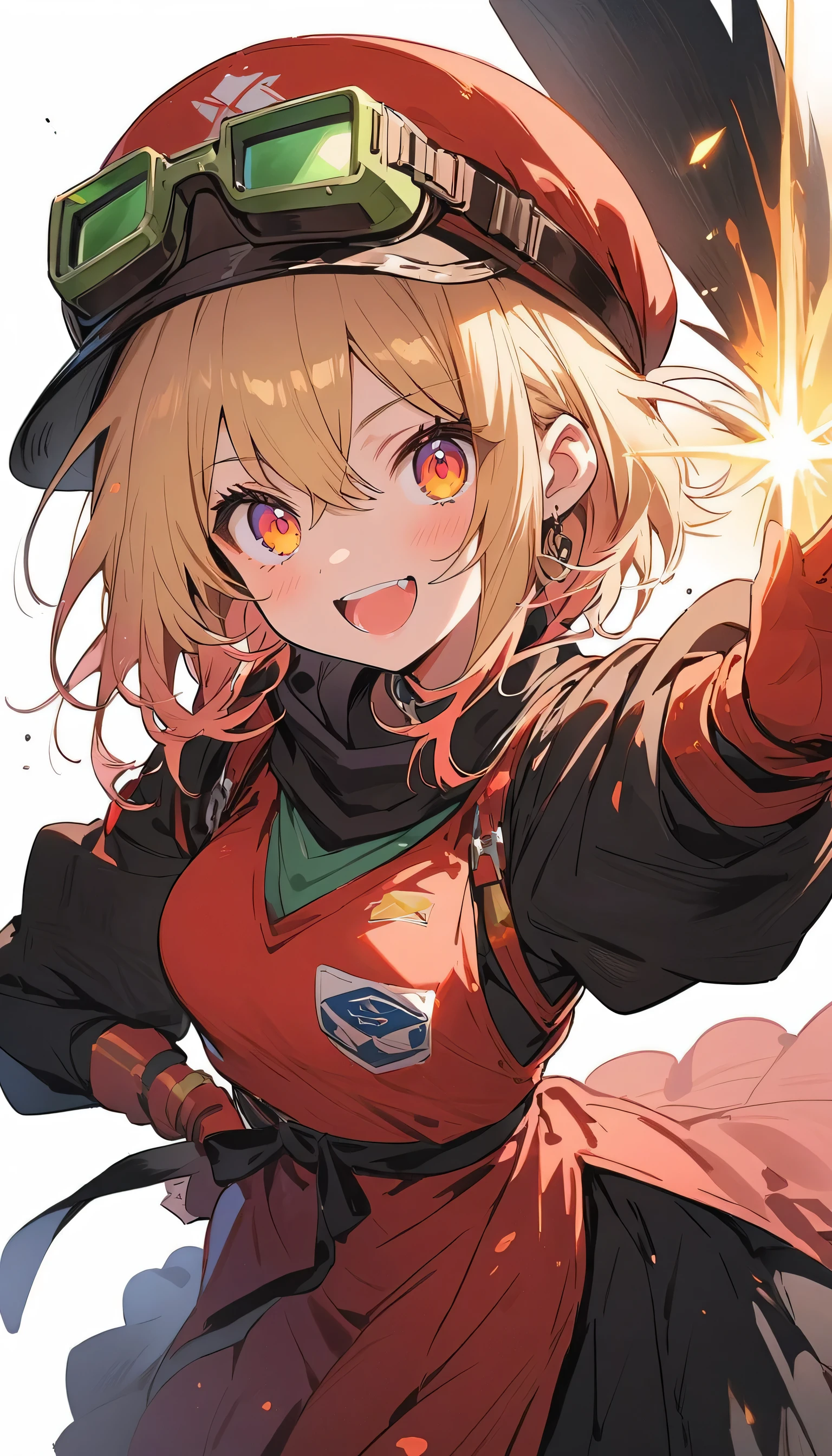 (highest quality、masterpiece、High resolution、detailed)、anime style、Flat Style、(Shining Eyes、Beautiful Face),  BREAK,1 girl、masterpiece, (1girl,Blonde Hair、Western style braidaid clothes:1.6、Mech armor:1.4、Complex skirt) (mech suit:1.4), sleeveless, armor, (mech long fingerless gloves:1.3), (mech long boots:1.3), zettai ryouiki, (head-mounted display VRgoggles:1.5), potbelly、(High saturation)、Dynamic Angle、anime、(Simple Background)、Full Body