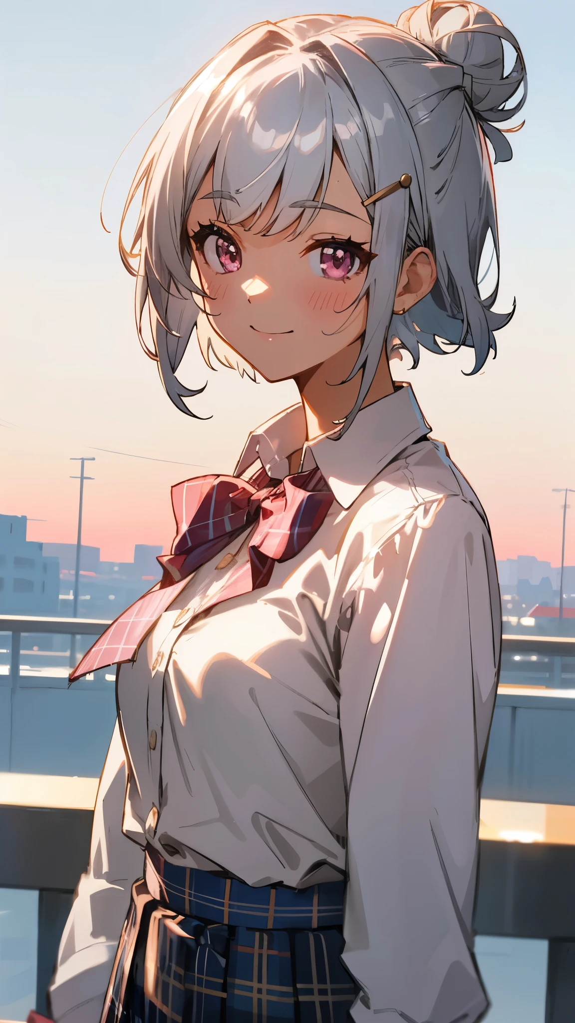 Silver short hair and bob hair、I tied my hair in a bun with a hair clip...、Pink Eyes、white blouse shirt、Tartan Check Skirt、smile、Upper body close-up、Sharp contours、Cafe Terrace、Golden Hour Sky、Background blur、The depth of the drawn boundaries