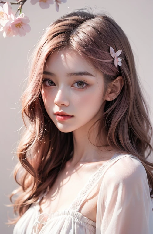Light pink hair, Pink Eyes, Pink and white, Cherry Blossom, Vibrant colors, steampunk, blouse white、Paint Splash, Simple Background, Ray Tracing, Wavy long hair、