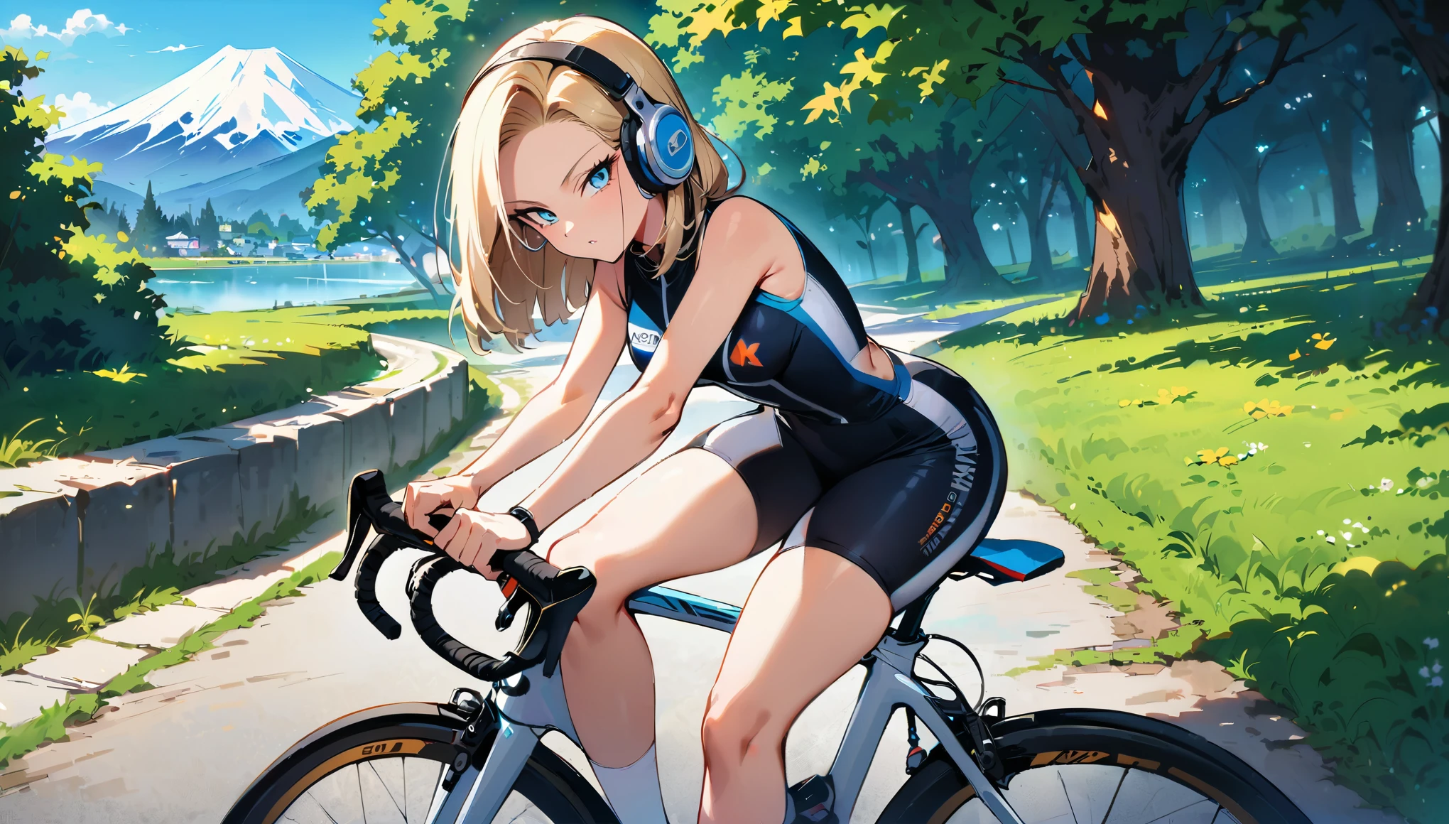(masterpiece, best quality:1.2), frontal full body shot of Android 18 from Dragon Ball, sitting on the saddle with her buttocks on the bike seat, riding a white road bike with a striped aerodynamic frame and white thin tires on a paved road, slender feminine figure in cycling pose, torso leaning forward over the low handlebars grasping the handles, one leg extended, facing camera, narrow waistline, (white over-ear headphones must be worn), short blonde hair, blue eyes, earrings on earlobes, black cycling jersey, black cycling shorts hugging her toned thighs, white cycling shoes clipped into the white lightweight pedals, surrounded by lush green trees and foliage lining the paved road, sunlight filtering through leaves, with Mount Fuji visible in the distance, 4K