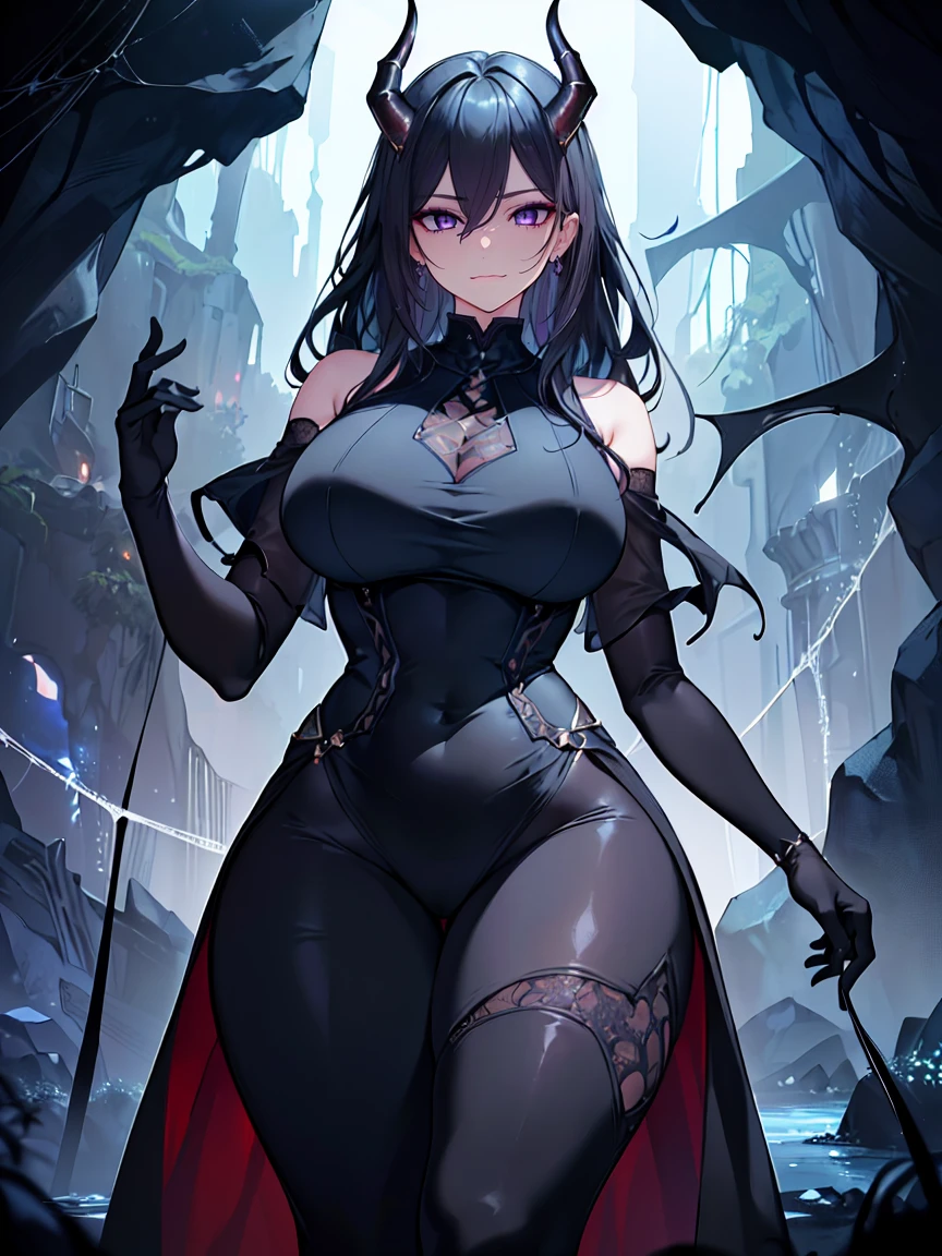 (Uhd, Masterpiece, Textured Skin, Super Detail, High Details, High Quality, Best Quality), Detailed Face, 1woman, mature pretty woman, ((wide hips, thick thighs)), ((Long Dark Blue eyes hair)), ((Black Sexy Rpg dress), (Pants), (Spider, Web, Silk), (Oni Horns), (inside a dark cave full of cobwebs), (Imposing pose)