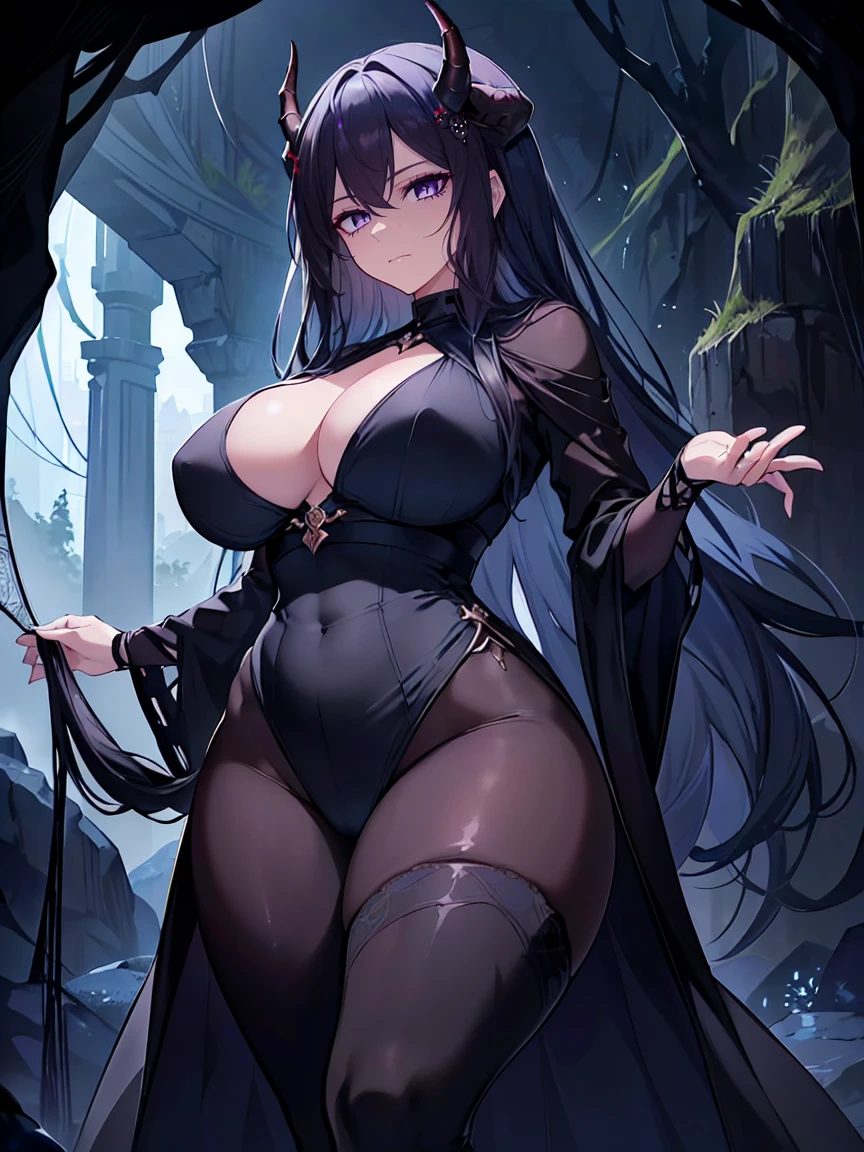 (Uhd, Masterpiece, Textured Skin, Super Detail, High Details, High Quality, Best Quality), Detailed Face, 1woman, mature pretty woman, ((wide hips, thick thighs)), ((Long Dark Blue eyes hair)), ((Black Sexy Rpg dress), (Pants), (Spider, Web, Silk), (Oni Horns), (inside a dark cave full of cobwebs), (Imposing pose)