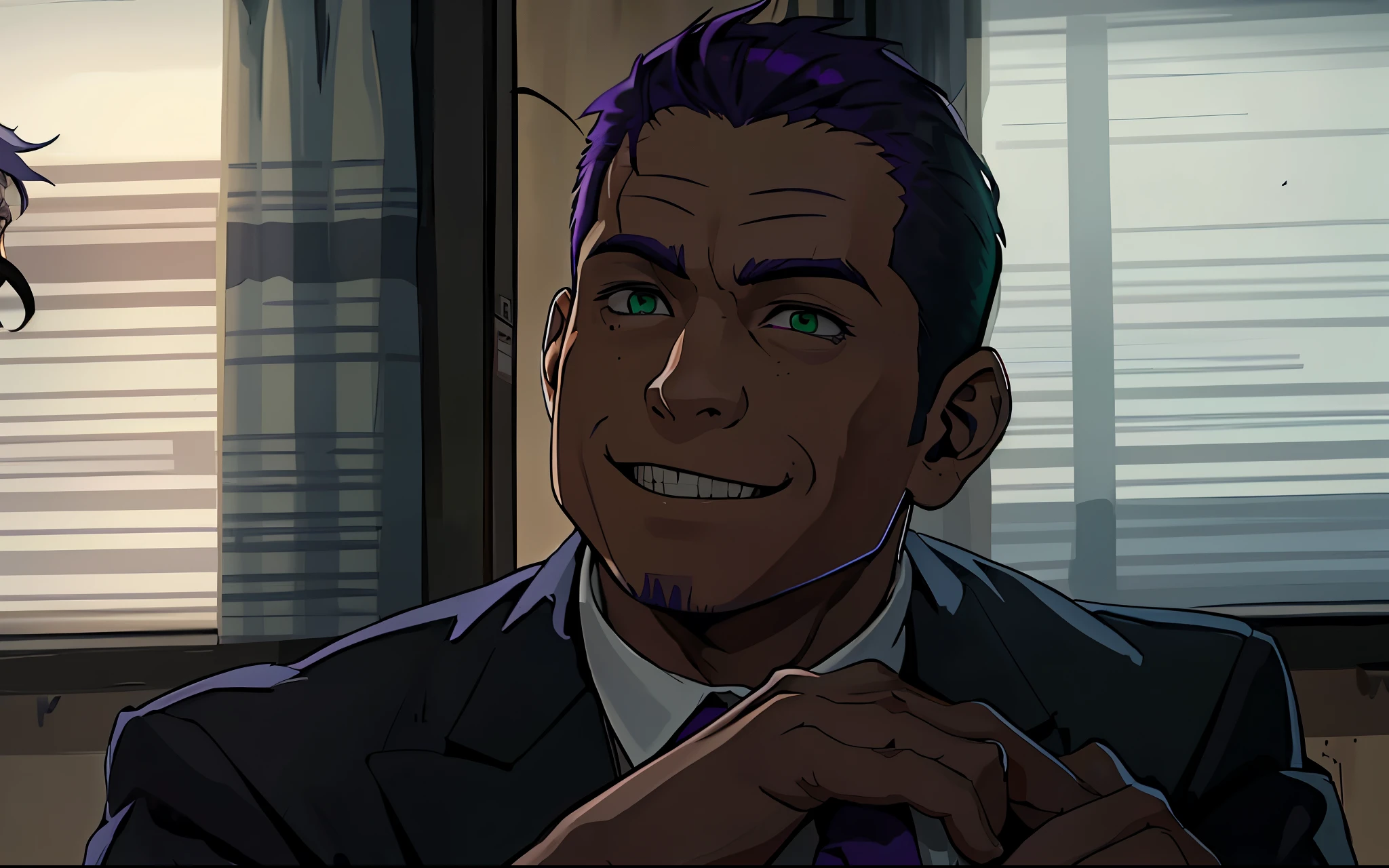 There is a 16-year-old boy with green hair, green eyes, a school boy who is scared and sad, and a man with short purple evil hair who threatens him, intimidates him, evil looks and smiles evilly, a 40-year-old school principal who threatens him, and intimidates him.