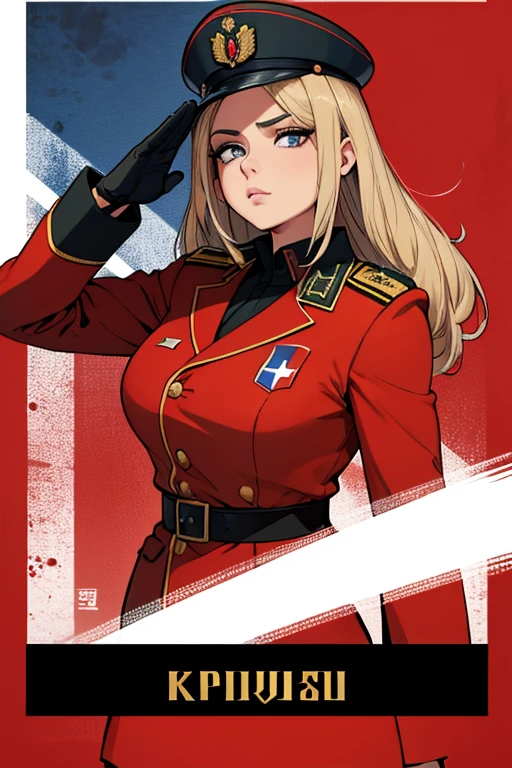 Mulher Russa, cabelos loiros, olhos azuis, peitos grandes, uniforme militar russo preto, giving a military salute, rosto detalhado, flag of the soviet union