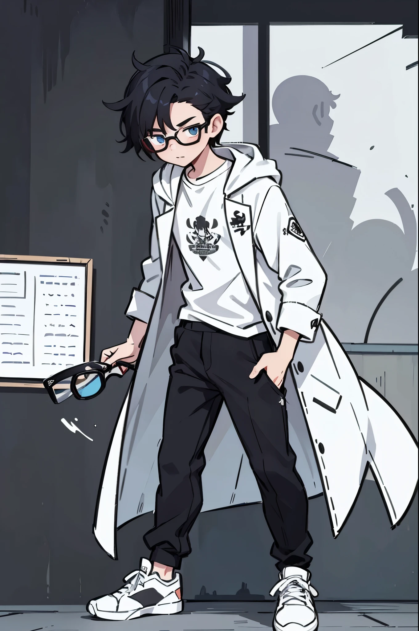 Make a Character Style "Fundamental Paper Education". A boy who has medium and spiky hair, wear glasses (REDONDOS: 1.6) e tem um casaco branco aberto, por cima de uma camisa preta com uma caveira estampada. Wear black pants and white sneakers. Fundo vazio, branco. Desenho em preto e branco, sem cinza.