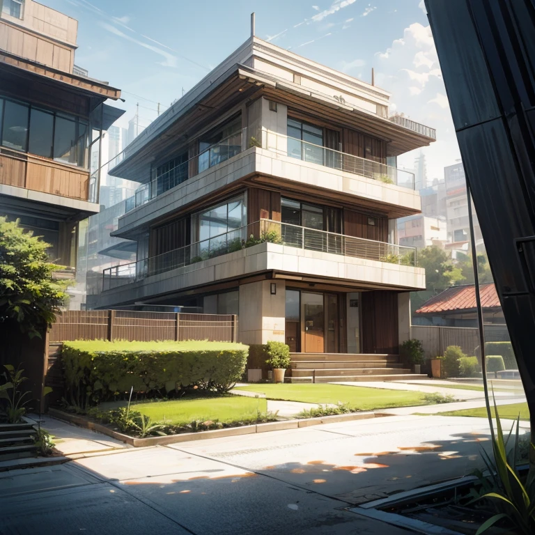 house, modern house, lawn, front view, daytime, city background, wide angle