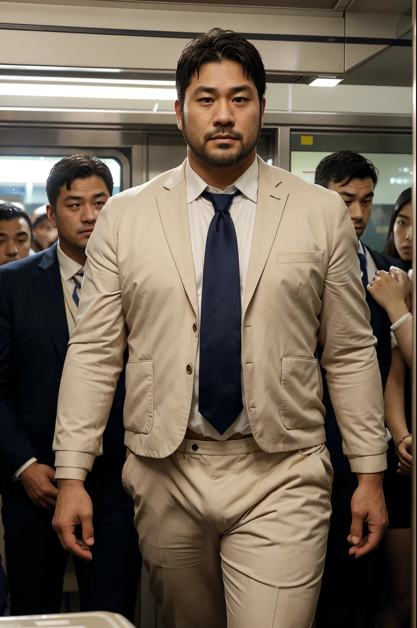 A stocky chubby Japanese man in his 40s, a former rugby player with a short beard and wearing a suit jacket and tie, standing in a crowded train with only white competitive swim suits underneath
