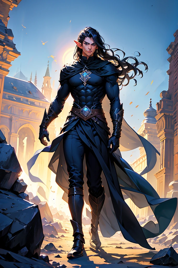 DND male warlock elf, glowing blue eyes, handsome, tall, muscular, broad shoulders, tanned skin, long black hair, obsidian gemstone, walking in a desert, shirtless, black cape, black pants, black gloves, long sleeves, long skirt, black boots, black tattoos